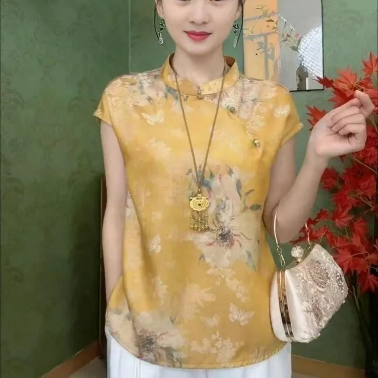 新中式女装时尚新款爆款坎肩短袖缎面上衣