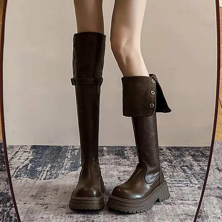 翻折两穿过膝厚底高筒骑士靴女2025秋冬新款粗跟单靴长筒靴瘦瘦靴