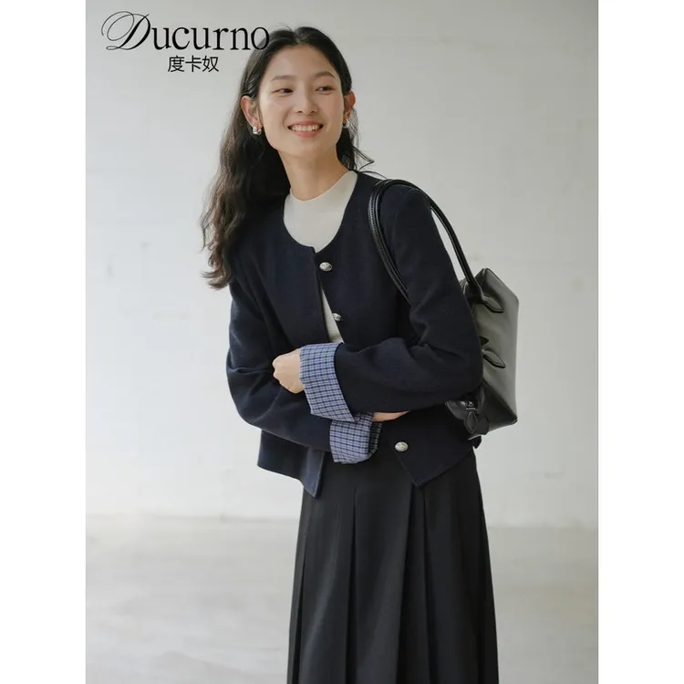 法式高级感小香风外套女2025秋季新款时尚圆领气质格纹拼接上衣