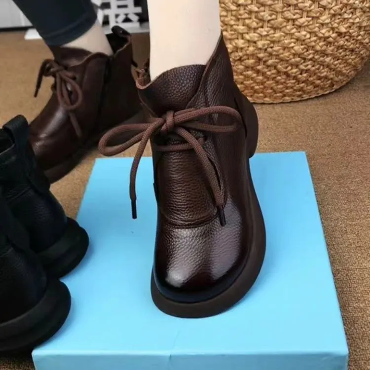 单里加绒松糕底侧拉链短靴百搭圆头中跟系带复古头层牛皮冬季女鞋