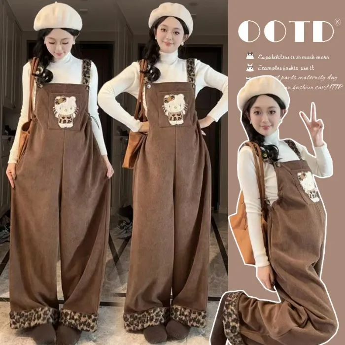 大码孕妇背带裤秋冬宽松洋气韩版连体吊带裤加绒加厚长裤女200斤