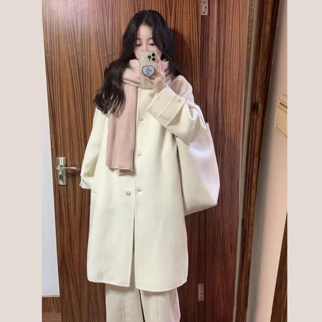 白色呢子大衣女2025新款秋冬高级感毛呢外套韩系小个子中长款气质