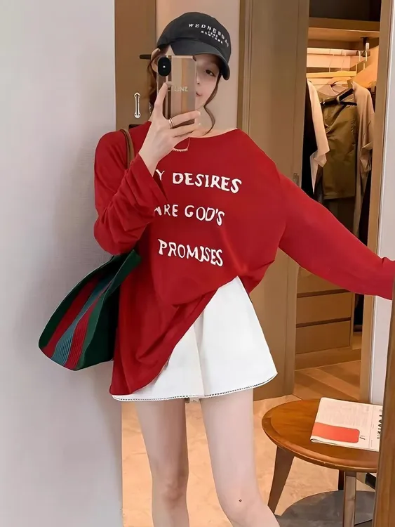 夏季圆领T恤薄款红色防晒宽松显瘦网红时尚炸街新款女装长袖上衣