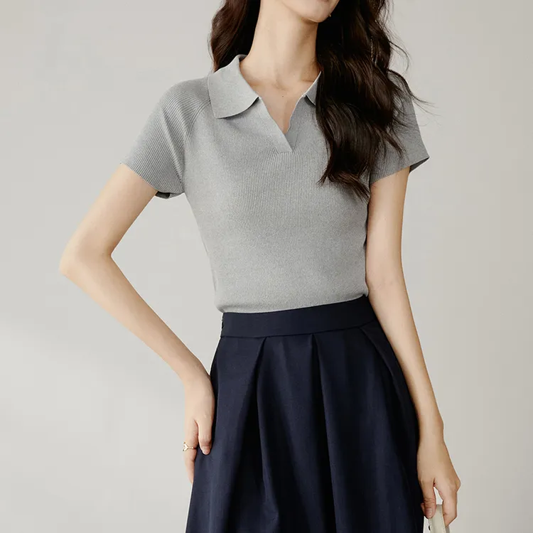 晚白【新品】2025夏弹力短袖翻领针织短袖女25021410