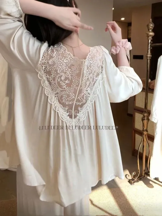 慵懒巴黎春秋季高级感睡衣女软蕾丝宽松高级感睡衣长袖长裤家居服