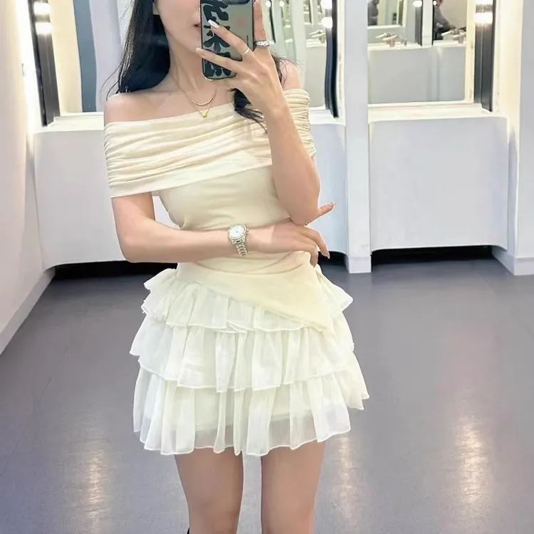 夏季纯欲风甜辣气质时尚网纱短袖上衣蛋糕裙套装女一字领两件套潮