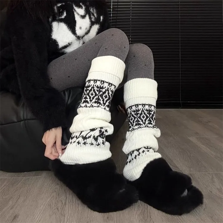 费尔岛秋冬针织袜套圣诞雪花堆堆袜中筒小腿袜Y2K小腿袜保暖腿套