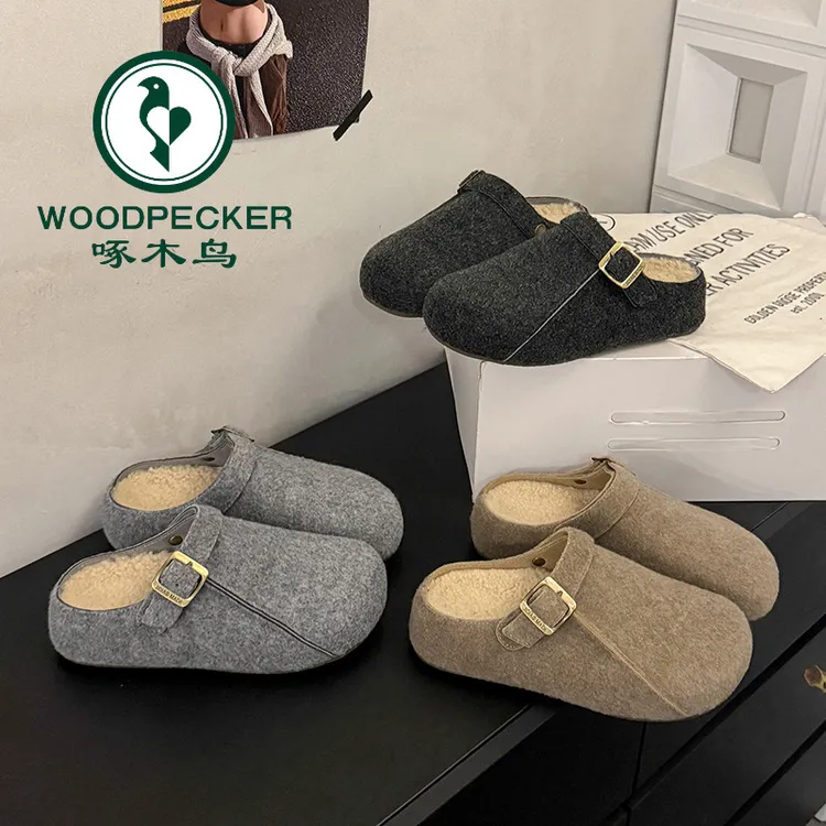 啄木鸟内增高加绒勃肯半拖鞋懒人一脚蹬秋冬新款外穿厚底包头拖鞋