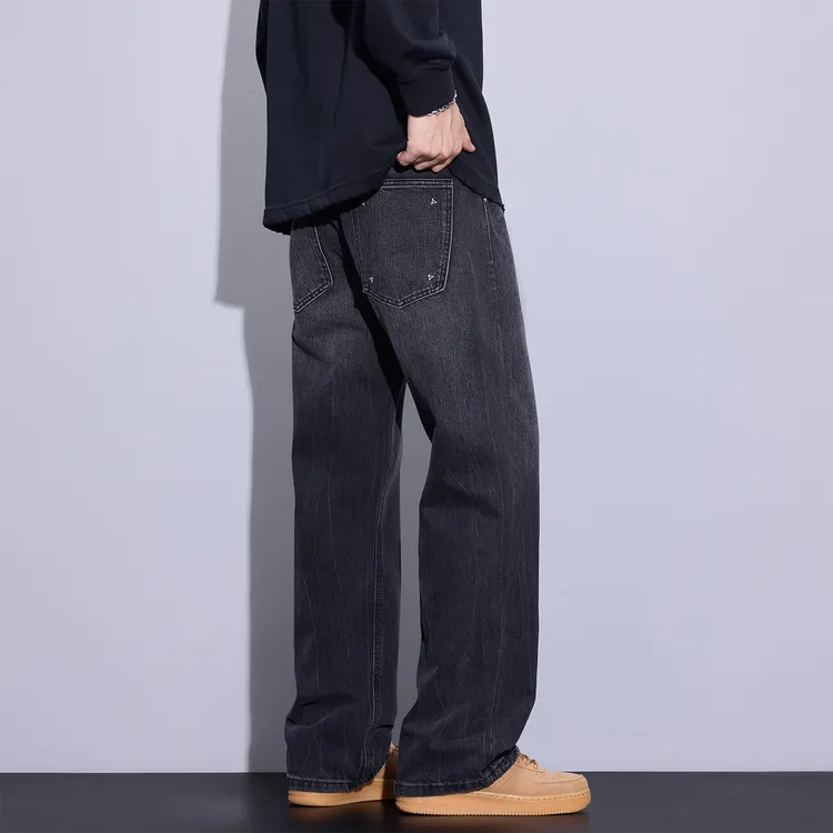 Kuvine2025秋季潮流美式高街渐变纹理扎花微喇直筒宽松牛仔裤男款