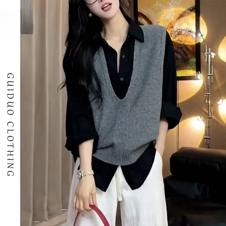 品牌折扣法式叠穿针织衫马甲女秋冬显瘦遮肉保暖内搭打底背心毛衣