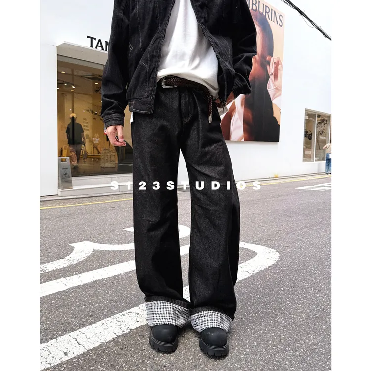 S123秋季复古格子拼接撞色牛仔夹克外套男丹宁原色百搭牛仔裤