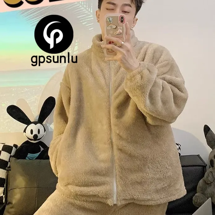 GPsunlu睡衣男生秋冬款珊瑚绒加厚加绒开衫拉链款冬天男款家居服