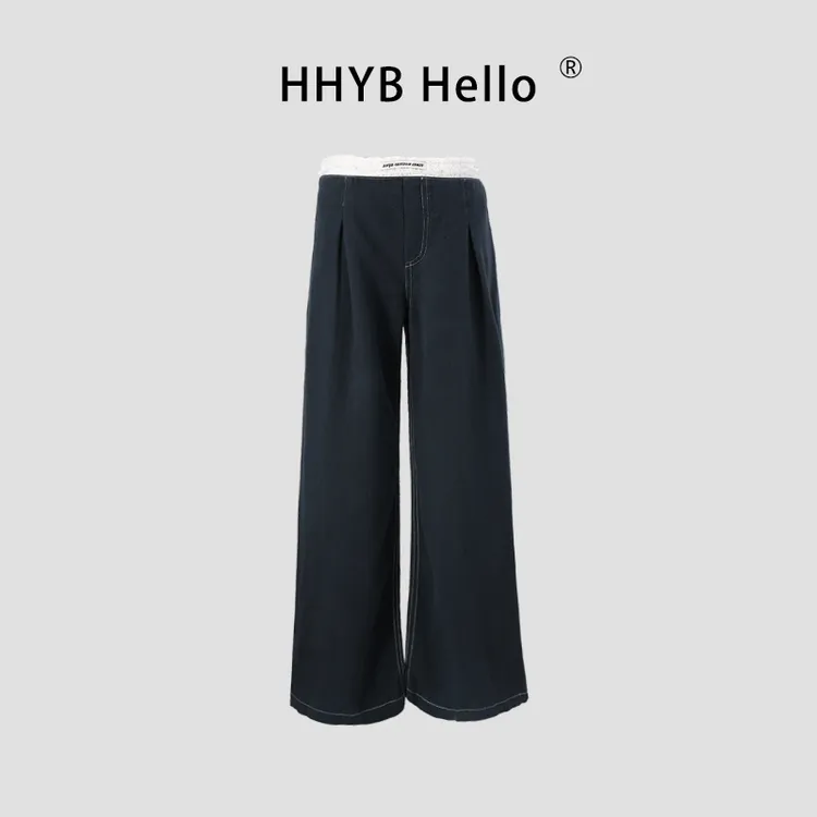HHYB Hello2025新款低腰天丝莱赛尔麻棉蕾丝拼接腰头长裤Q254256