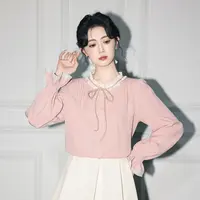 粉色木耳边长袖衬衫女春秋2025秋新款法式温柔蝴蝶结系带衬衣上衣