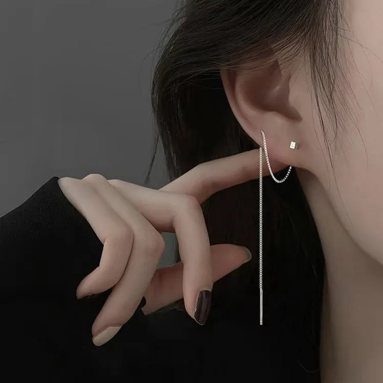 流苏耳线耳坠小方块耳线女气质高级感流苏长耳环小众设计简约耳饰