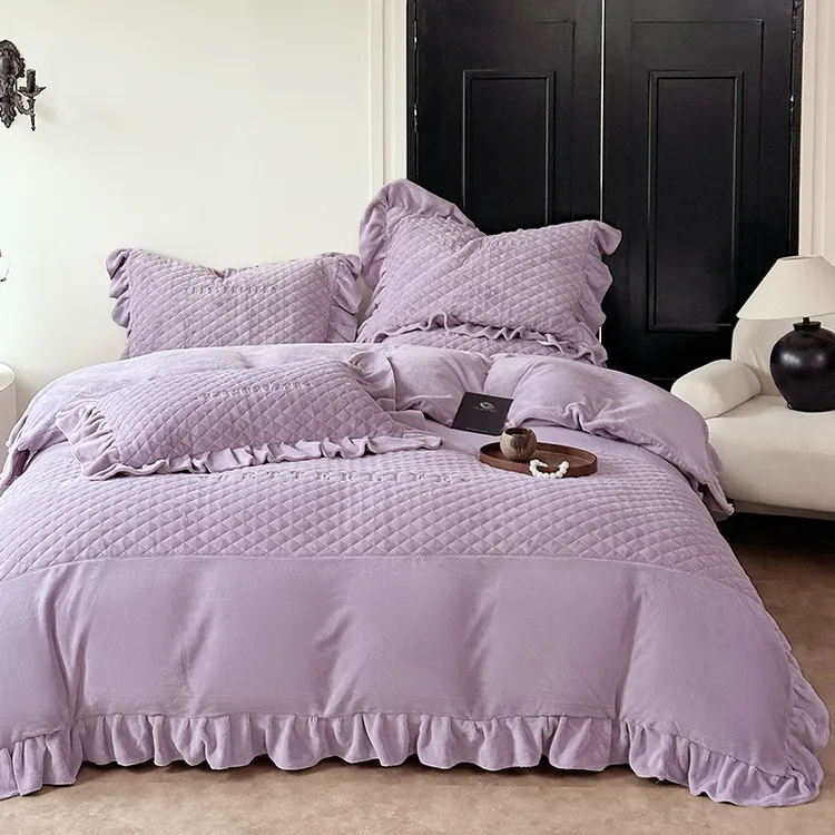 【12斤床盖款】冬季新品高端牛奶绒加厚四件套双面绒荷叶边保暖床品