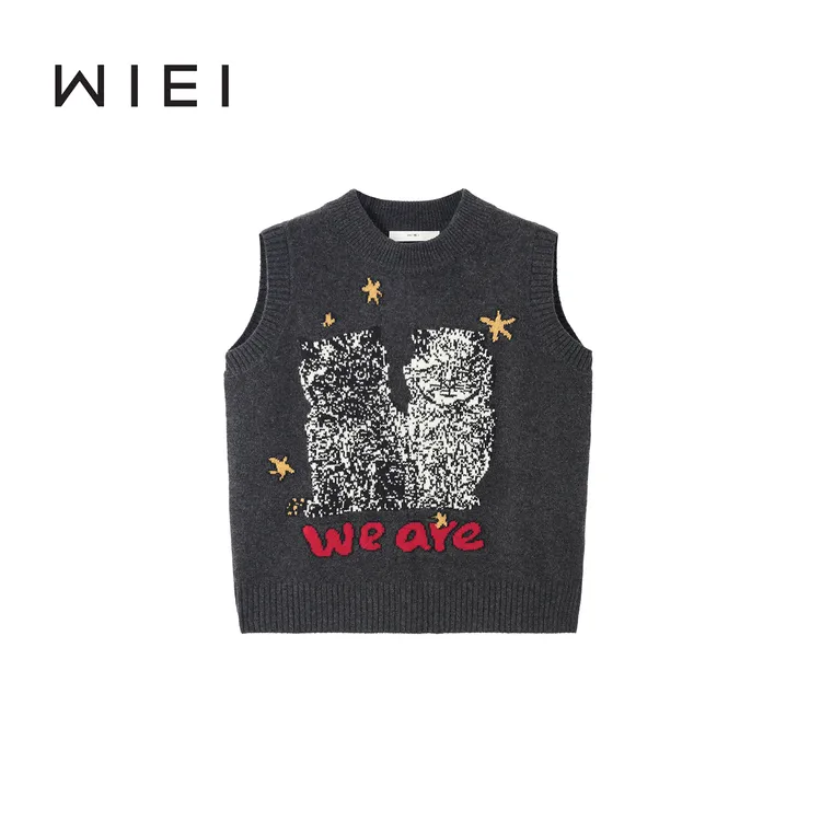 《WI EI》100%羊毛 嵌花针织猫咪星星 叠穿马甲W25209070