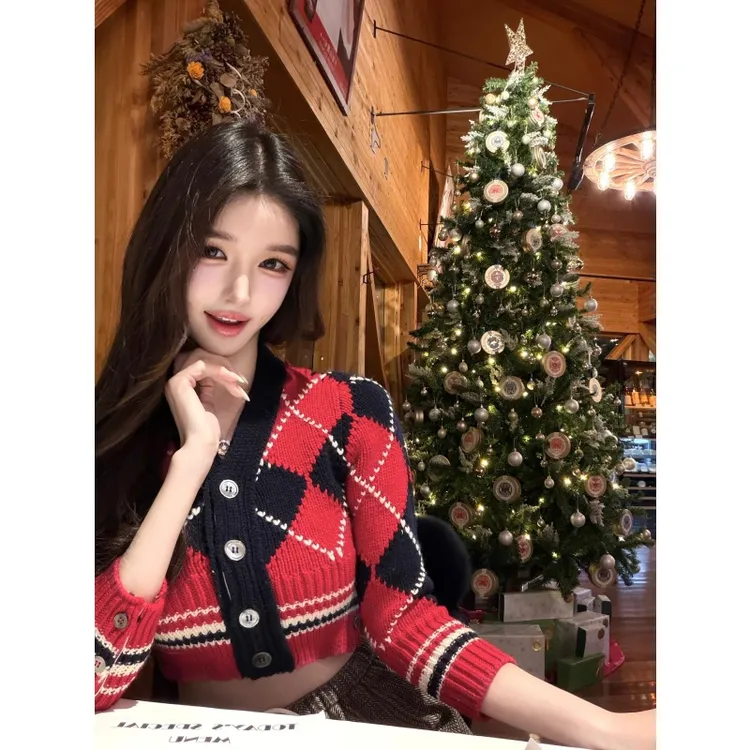 学院风撞色菱格V领百搭针织开衫女短款修身毛衣外套松紧腰半身裙