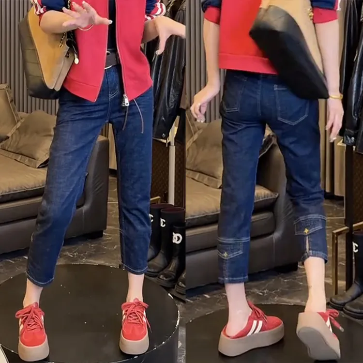秋季新款大码直筒牛仔裤女弹力高腰小设计修身显瘦小个子烟管裤
