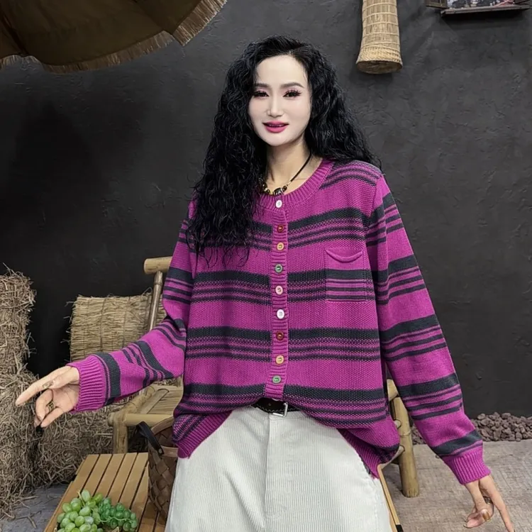 【亿火】秋季新款针织条纹显瘦圆领秋季休闲风厚针织衫G94-55578
