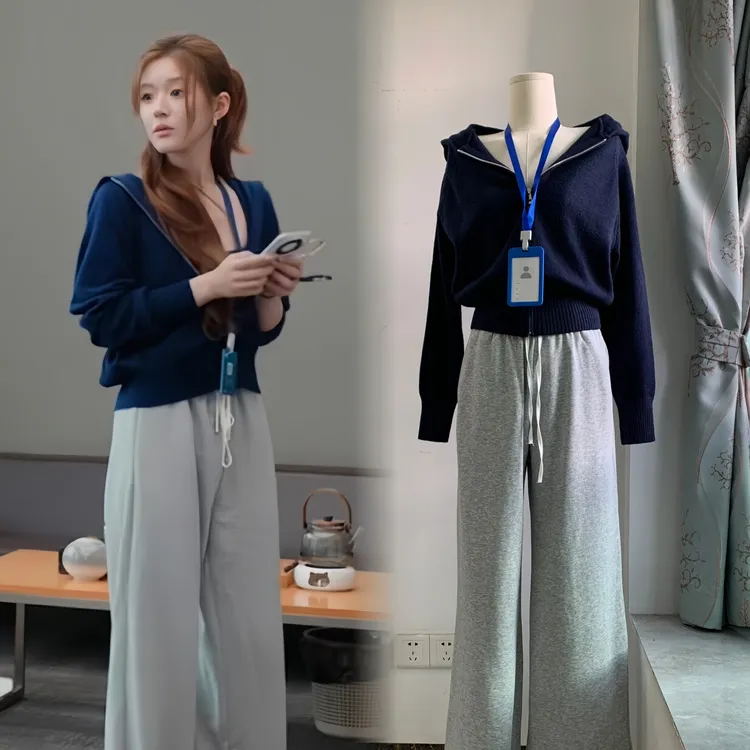 许我耀眼许妍露思同款蓝色拉链连帽毛衣开衫秋冬日常百搭慵懒外套