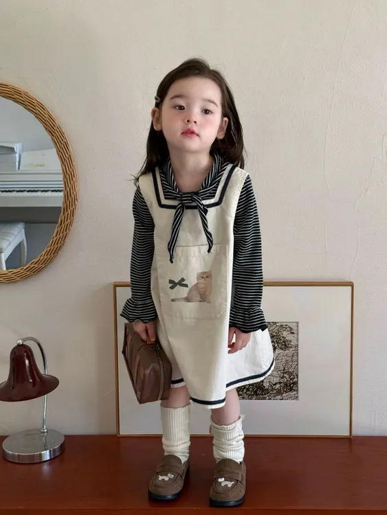 女童童装2025秋季新款女童小童韩版条纹可爱小猫背心裙套装两件套