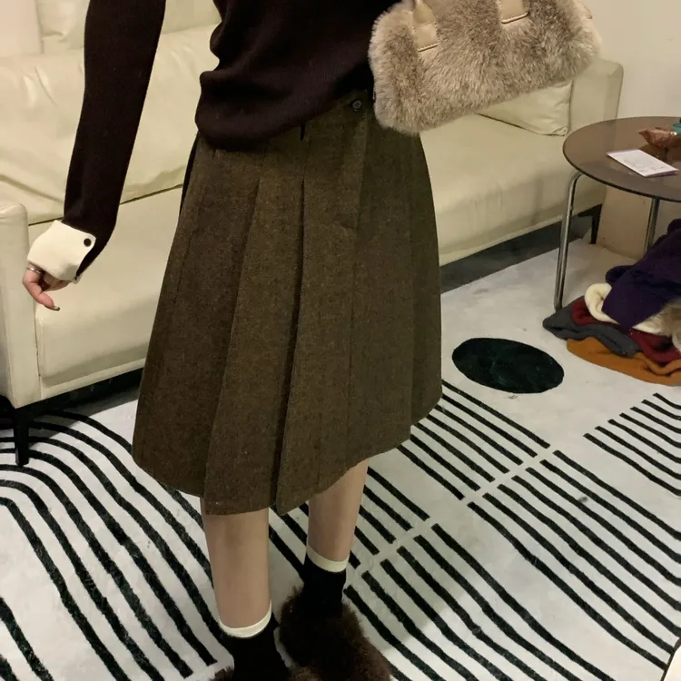 【缪系穿搭】羊毛A字半身裙女秋冬百搭中长款毛呢百褶裙