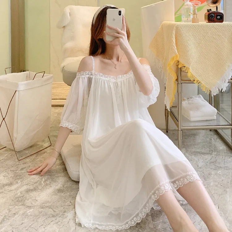 夏季一字肩纯欲风公主睡裙吊带棉睡裙五分袖仙女睡衣网纱性感睡裙