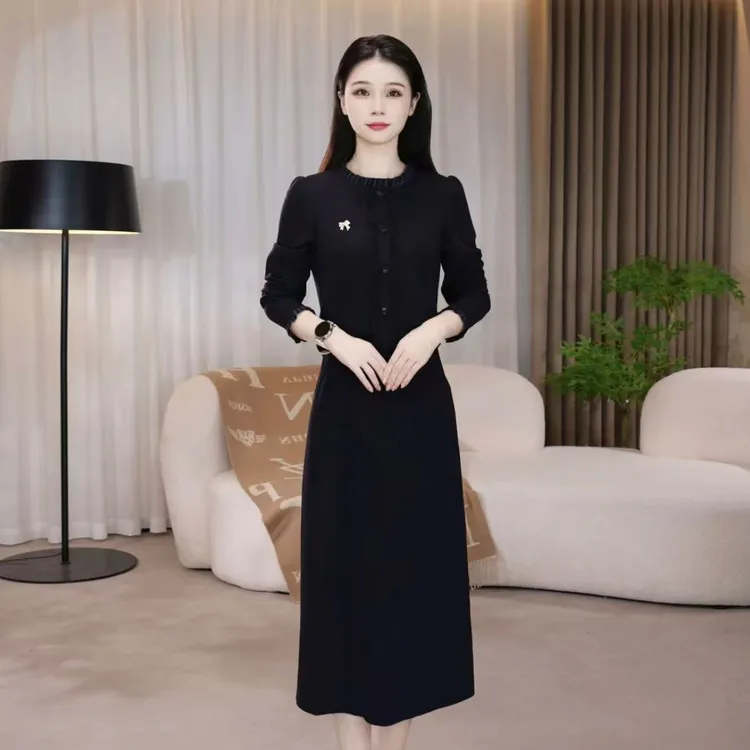 【连衣裙】秋季新款长袖洋气气质时尚显瘦假两件打底藏蓝色连衣裙