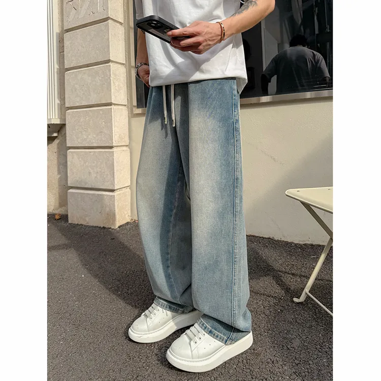 【时尚起易】秋冬软牛仔裤男女潮流松紧百搭宽松休闲复古垂感直筒裤