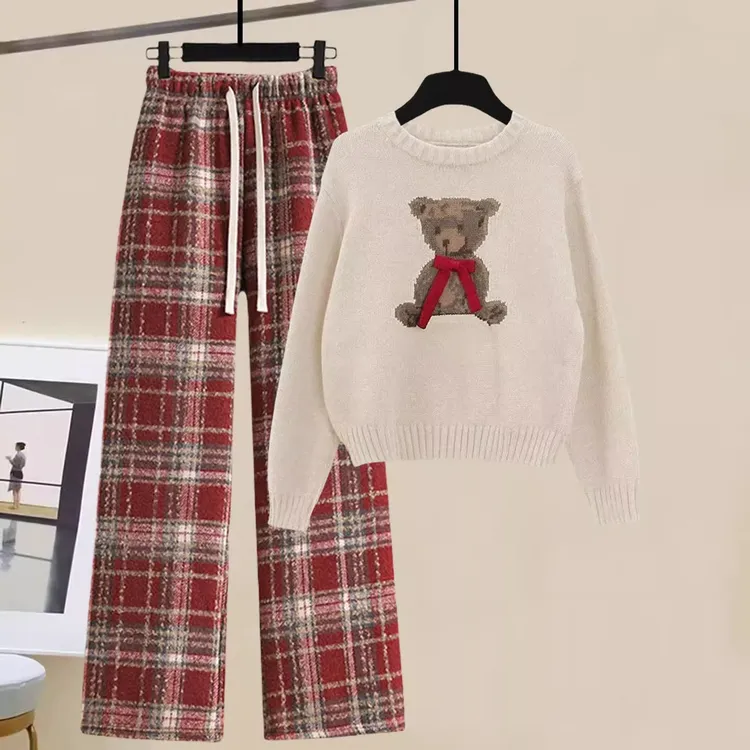 圣诞穿搭一整套宽松减龄圆领针织衫秋冬加厚毛呢格子裤洋气两件套
