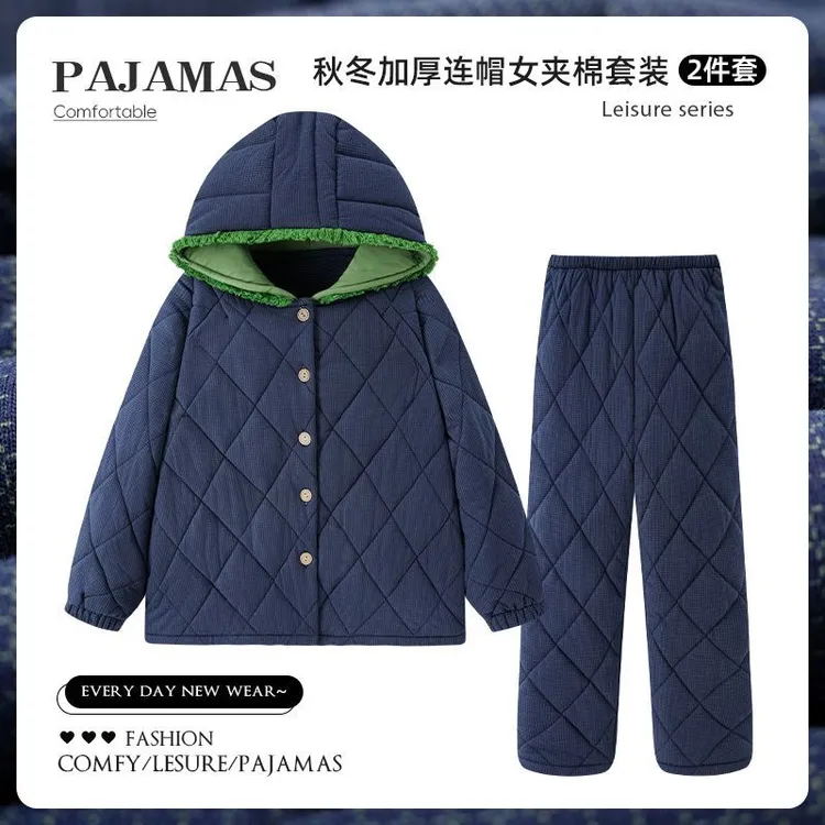睡衣女2025年冬季三层夹棉加绒加厚保暖藏青色家居服两件套可外穿