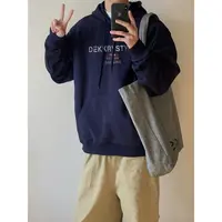 美式创意复古字母印花宽松连帽卫衣男女秋冬季藏青色休闲情侣上衣