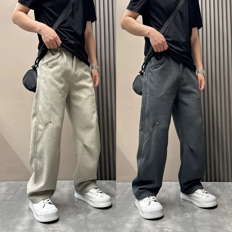 2025秋冬潮流拼接宽松直筒裤男士美式高级感百搭休闲裤青年弯刀裤