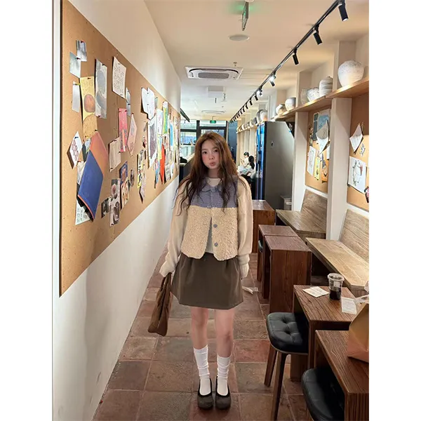 日系格子拼接羊羔毛马甲外套女秋冬季叠穿马夹宽松休闲上衣1774