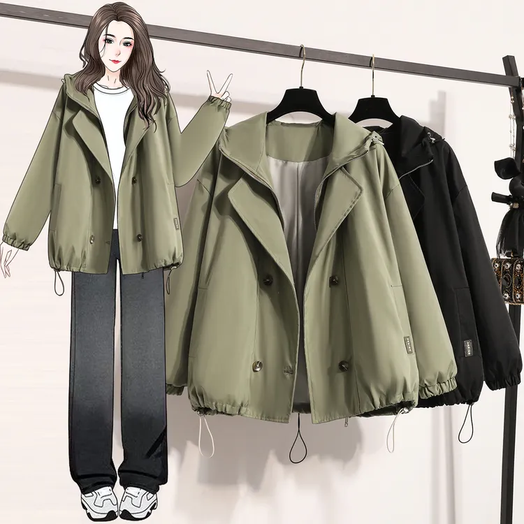 龙蒿绿短款外套大码气质显瘦春秋季新款休闲宽松时尚连帽风衣夹克