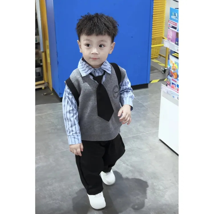 男童学院风套装春秋新款儿童蓝色衬衫休闲裤韩系小少爷三件套 FY