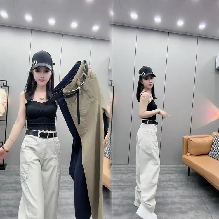 欧货2025春款爆款高级个性拼接宽松阔腿裤显瘦重工弯刀牛仔裤长裤