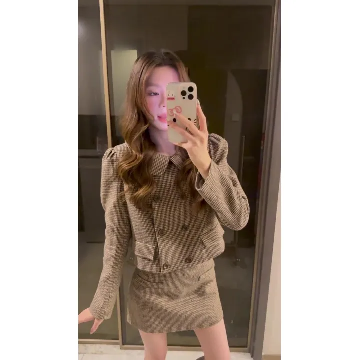 MARIE.COCO法式气质小香风穿搭格纹上衣秋季a字半身裙套装