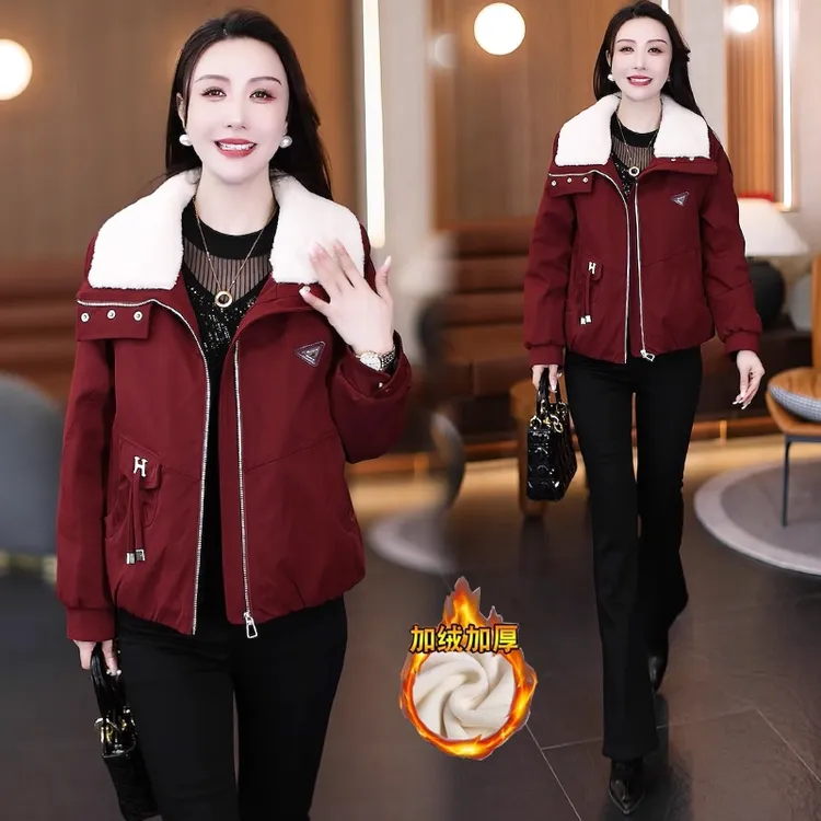时尚加绒加厚短款外套女冬季新款洋气显瘦羊羔毛翻领保暖夹克棉袄