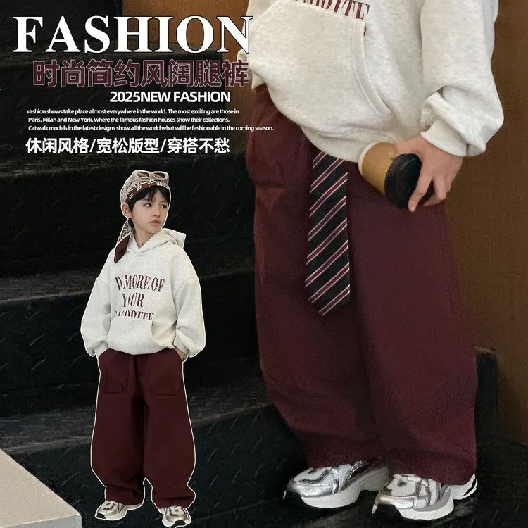 MXT.中大童酒红纯色韩版休闲裤男童秋冬梭织加绒裤时尚秋冬季加厚