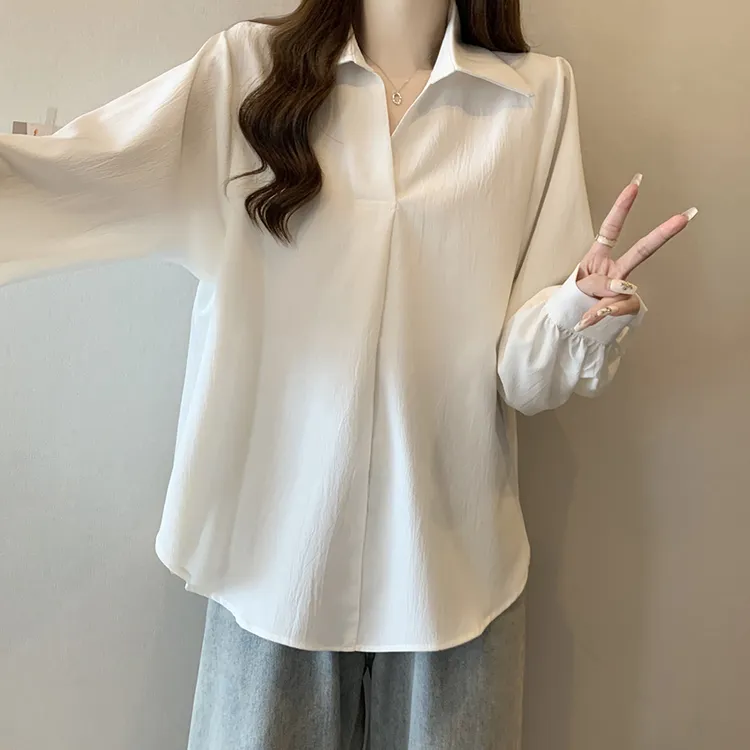大码女装遮肚子慵懒风宽松长袖衬衫女春秋胖妹妹洋气百搭休闲上衣