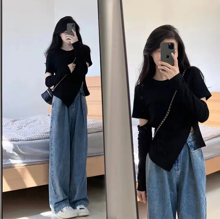 棉大码女装正肩不规则破洞学生长袖T恤早秋设计感开叉修身上衣潮
