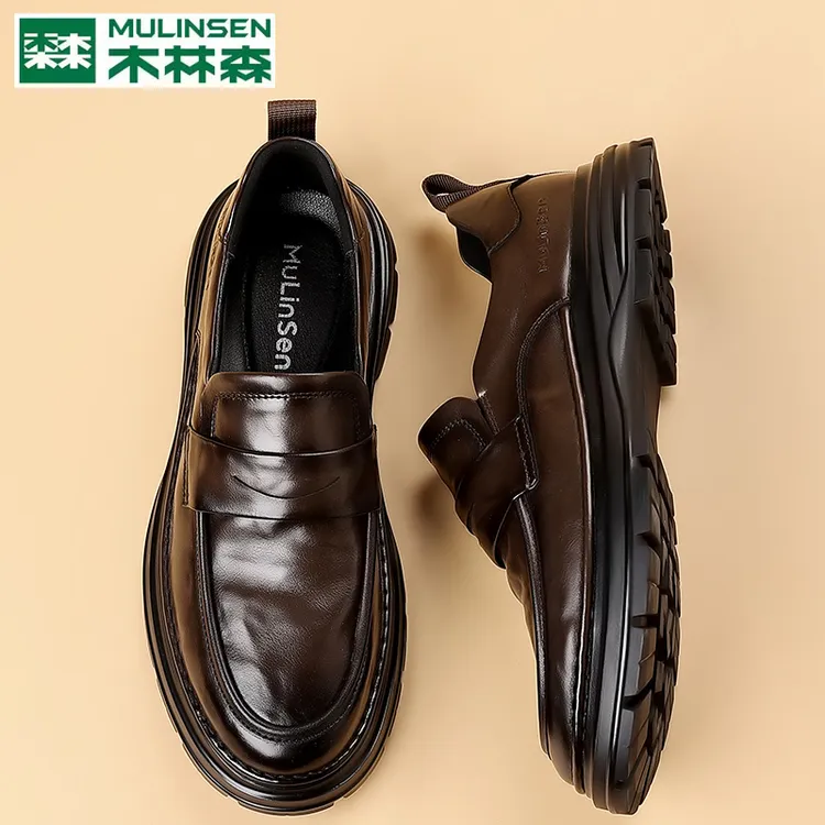 木林森新款男士皮鞋黑色软底软面真皮时尚百搭商务休闲一脚蹬皮鞋