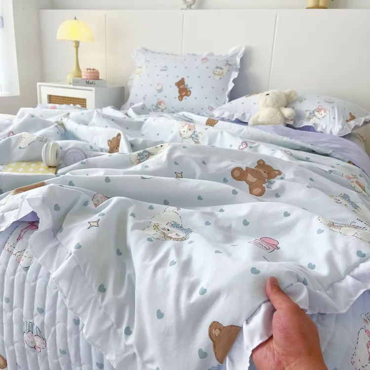 猫咪小熊A类母婴级皱皱双层纱夏凉被四件套床盖款小清新空调被