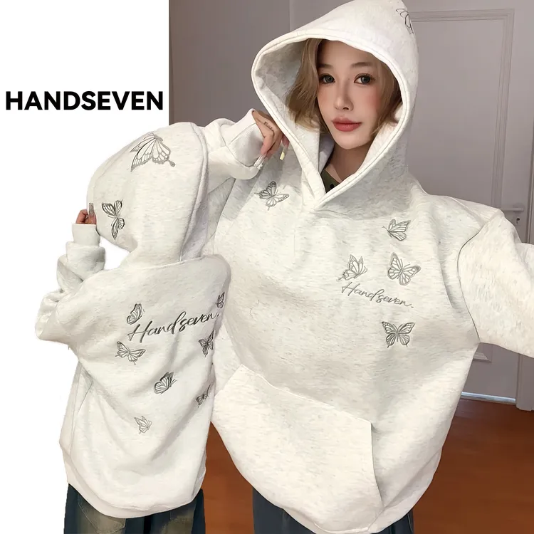 美式高街帽子蝴蝶刺绣长袖连帽卫衣女秋冬休闲宽松慵懒风情侣外套