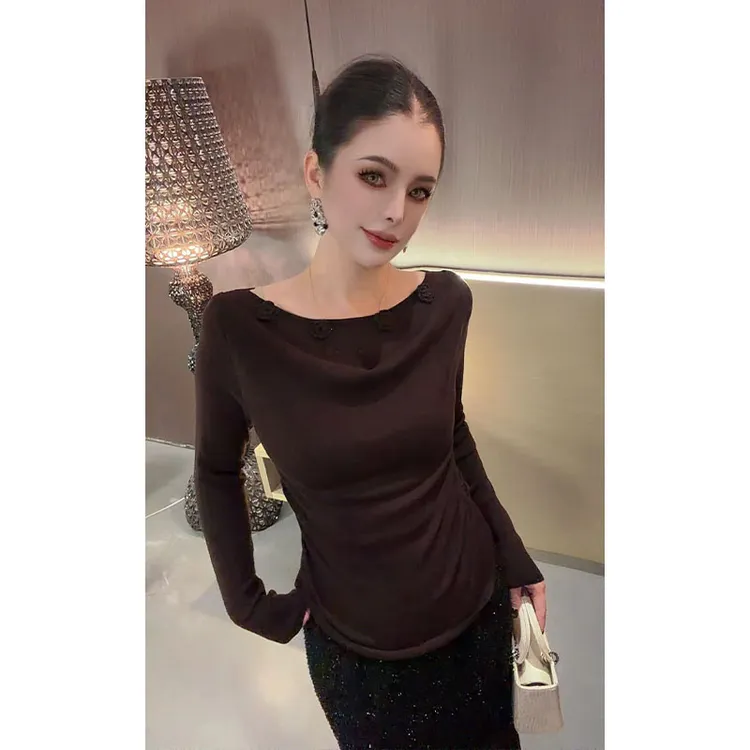 一字荡领花朵拼接针织上衣CS31337