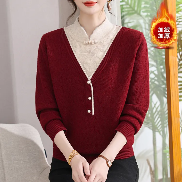 新款妈妈装秋冬保暖加绒毛衣中老年旗袍领加厚一体绒上衣女打底衫