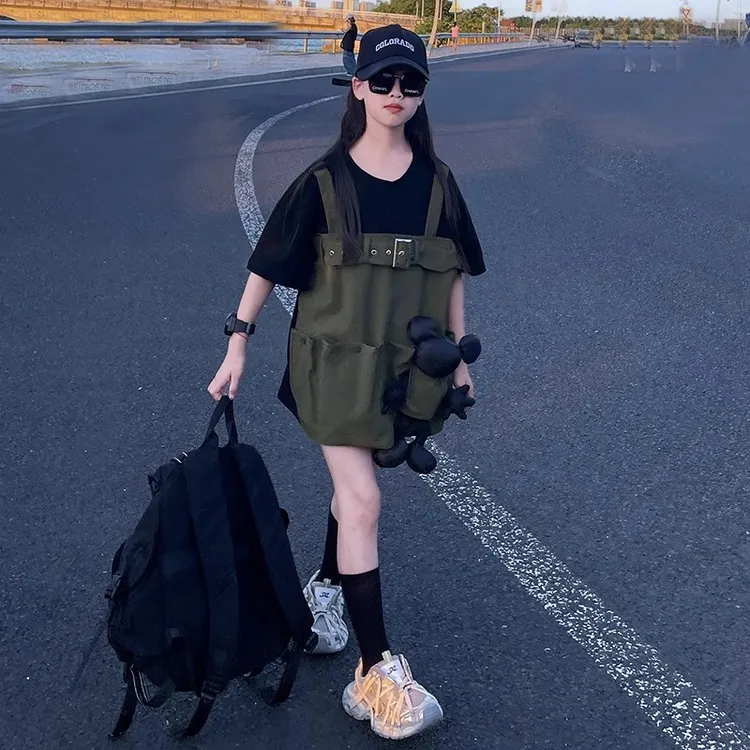 女童2025夏款设计感小众洋气百搭显瘦立体装饰工装圆领假两件上衣