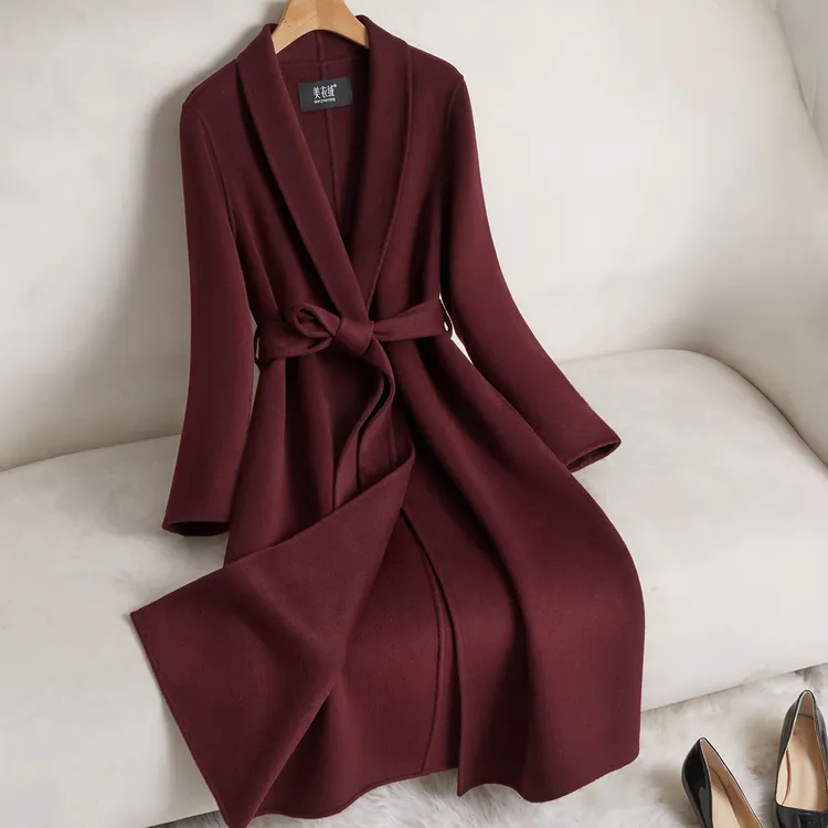 紫红色双面羊绒大衣女中长款2025年高端时尚修身赫本风羊毛呢外套